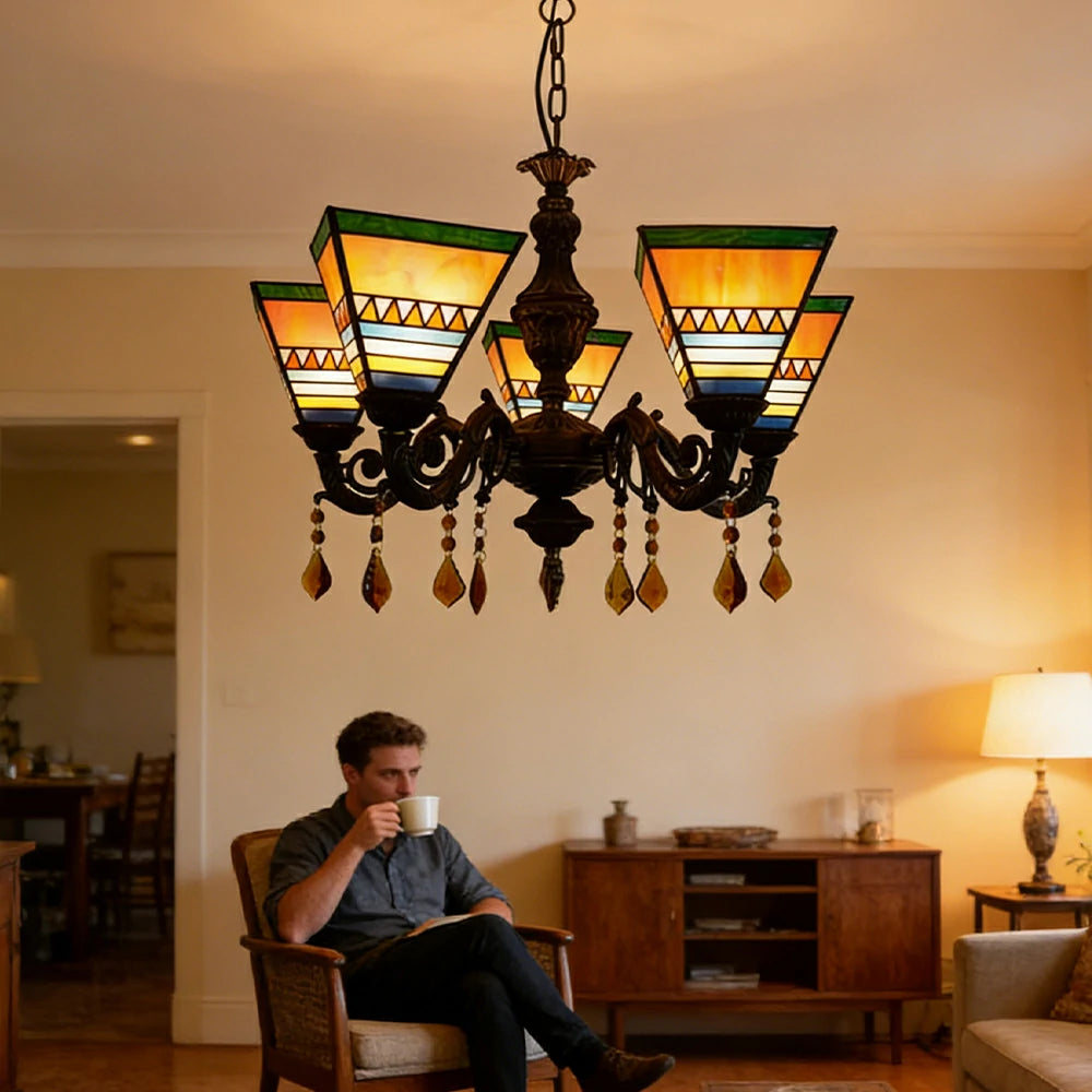 LIVARA 5-Light Stained Glass Chandelier Vintage Pendant Light Adjustable Chain 60x80cm for Dining Living Room - Bright Yellow