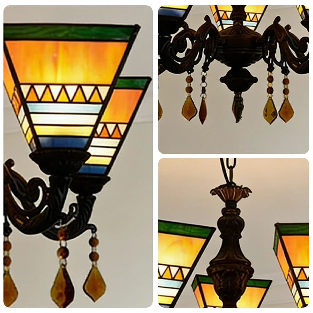 LIVARA 5-Light Stained Glass Chandelier Vintage Pendant Light Adjustable Chain 60x80cm for Dining Living Room - Bright Yellow