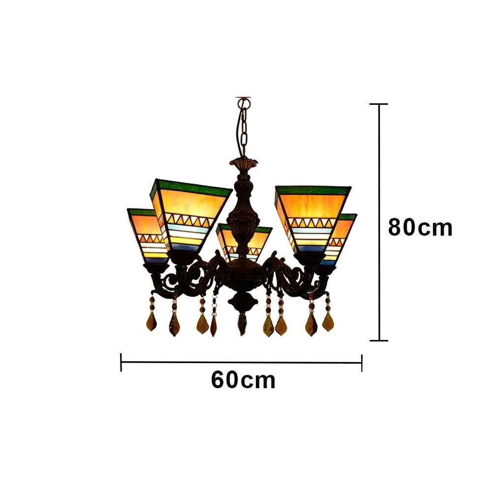 LIVARA 5-Light Stained Glass Chandelier Vintage Pendant Light Adjustable Chain 60x80cm for Dining Living Room - Bright Yellow