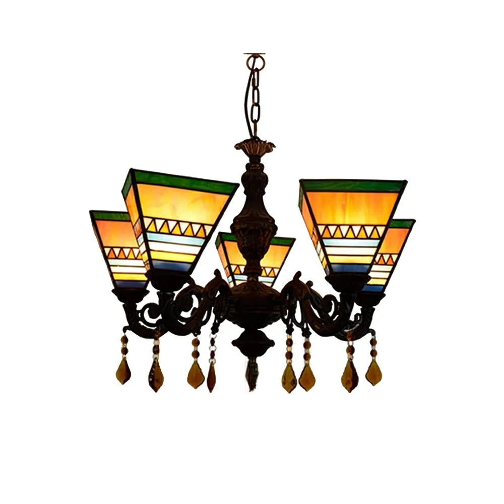 LIVARA 5-Light Stained Glass Chandelier Vintage Pendant Light Adjustable Chain 60x80cm for Dining Living Room - Bright Yellow