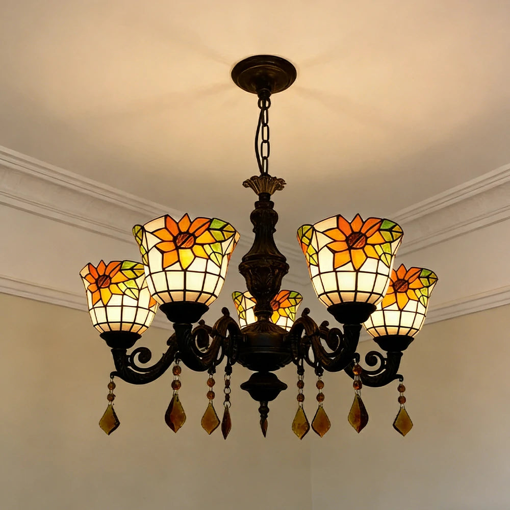 LIVARA 5-Light Stained Glass Chandelier Vintage Pendant Light Adjustable Chain 60x80cm for Dining Living Room - Apricot