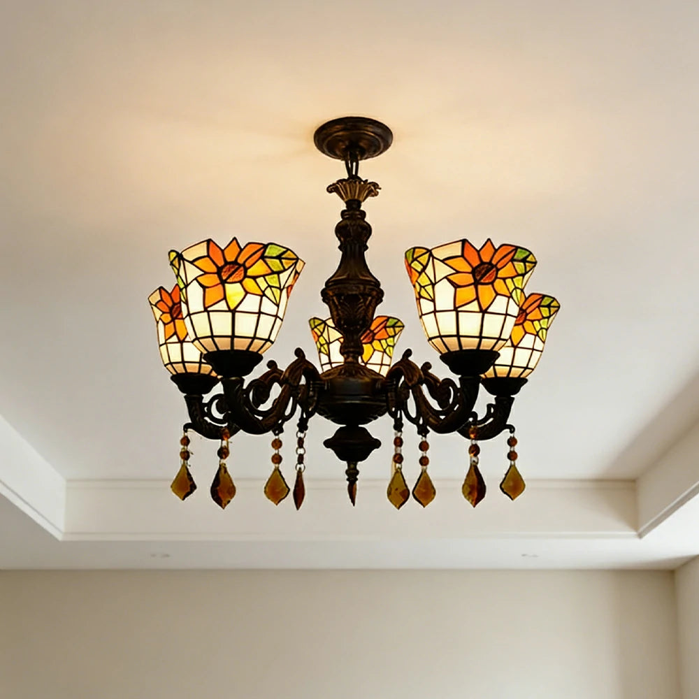 LIVARA 5-Light Stained Glass Chandelier Vintage Pendant Light Adjustable Chain 60x80cm for Dining Living Room - Apricot