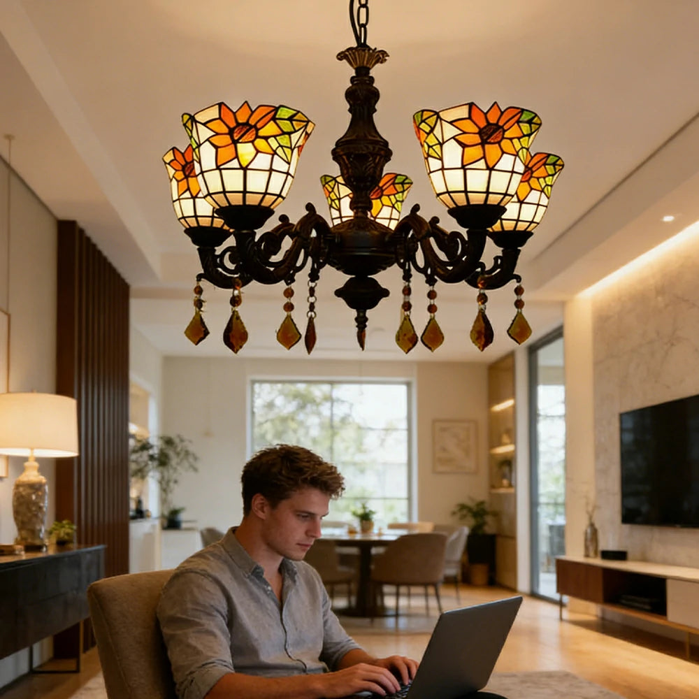 LIVARA 5-Light Stained Glass Chandelier Vintage Pendant Light Adjustable Chain 60x80cm for Dining Living Room - Apricot