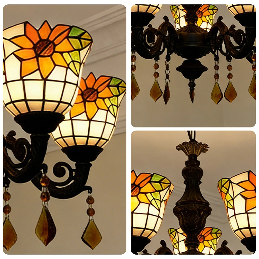 LIVARA 5-Light Stained Glass Chandelier Vintage Pendant Light Adjustable Chain 60x80cm for Dining Living Room - Apricot