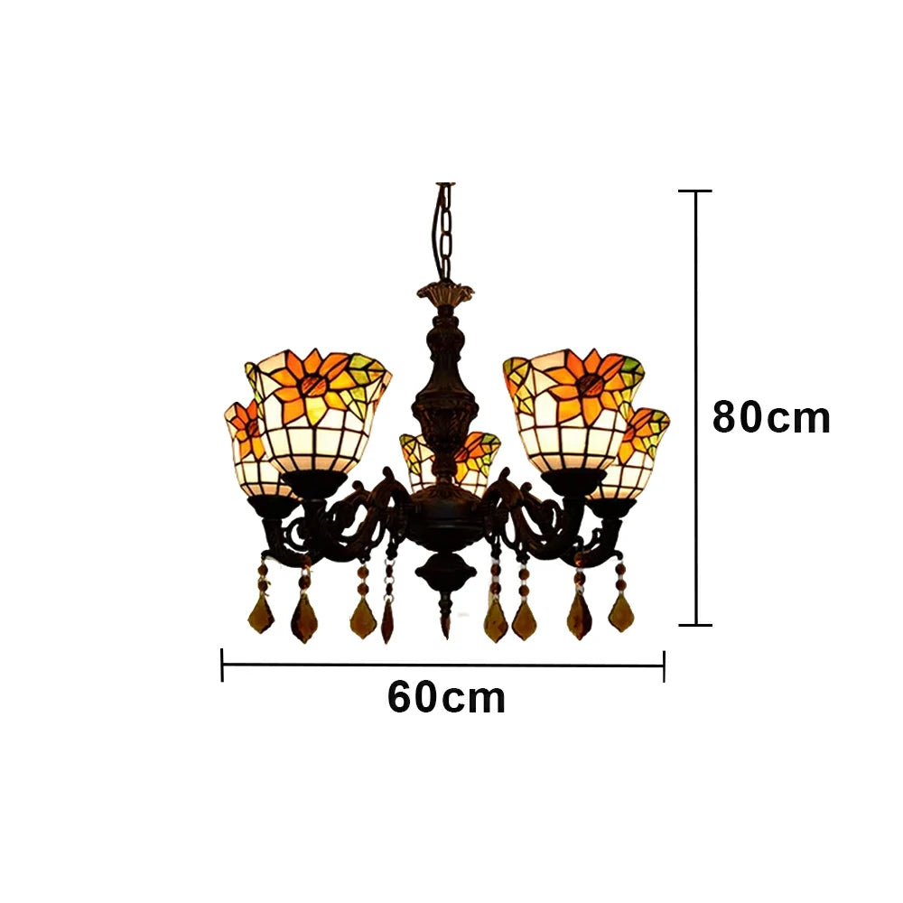 LIVARA 5-Light Stained Glass Chandelier Vintage Pendant Light Adjustable Chain 60x80cm for Dining Living Room - Apricot