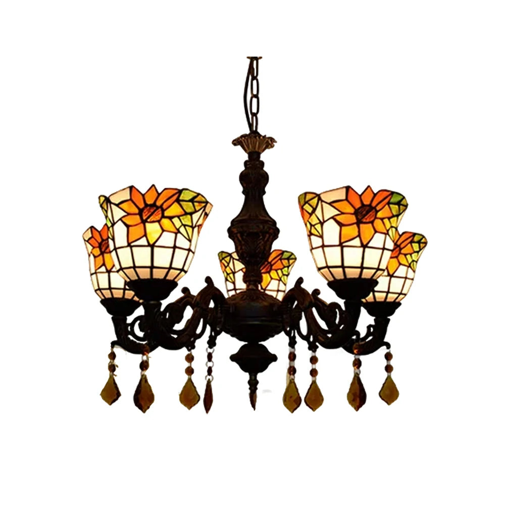 LIVARA 5-Light Stained Glass Chandelier Vintage Pendant Light Adjustable Chain 60x80cm for Dining Living Room - Apricot