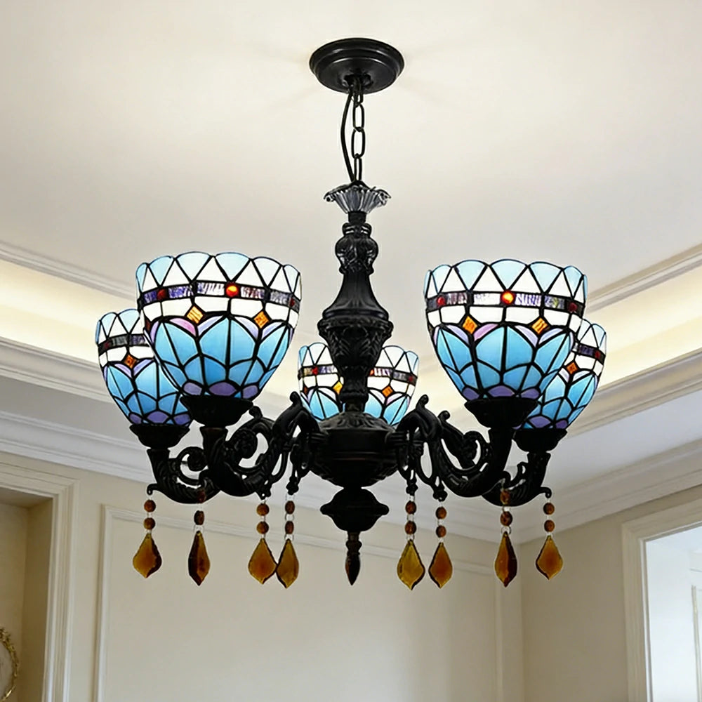 LIVARA 5-Light Stained Glass Chandelier Vintage Pendant Light Adjustable Chain 60x80cm for Dining Living Room - Sky Blue
