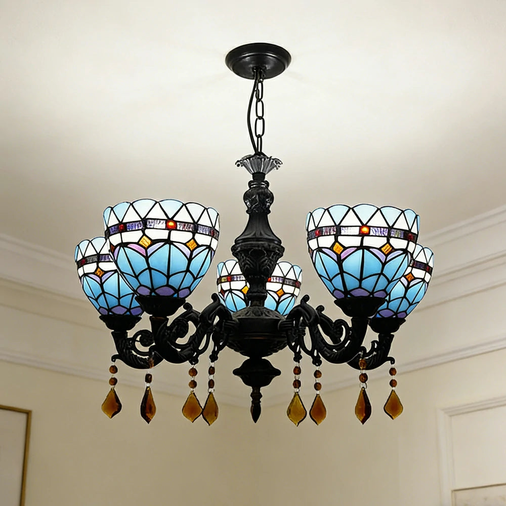 LIVARA 5-Light Stained Glass Chandelier Vintage Pendant Light Adjustable Chain 60x80cm for Dining Living Room - Sky Blue