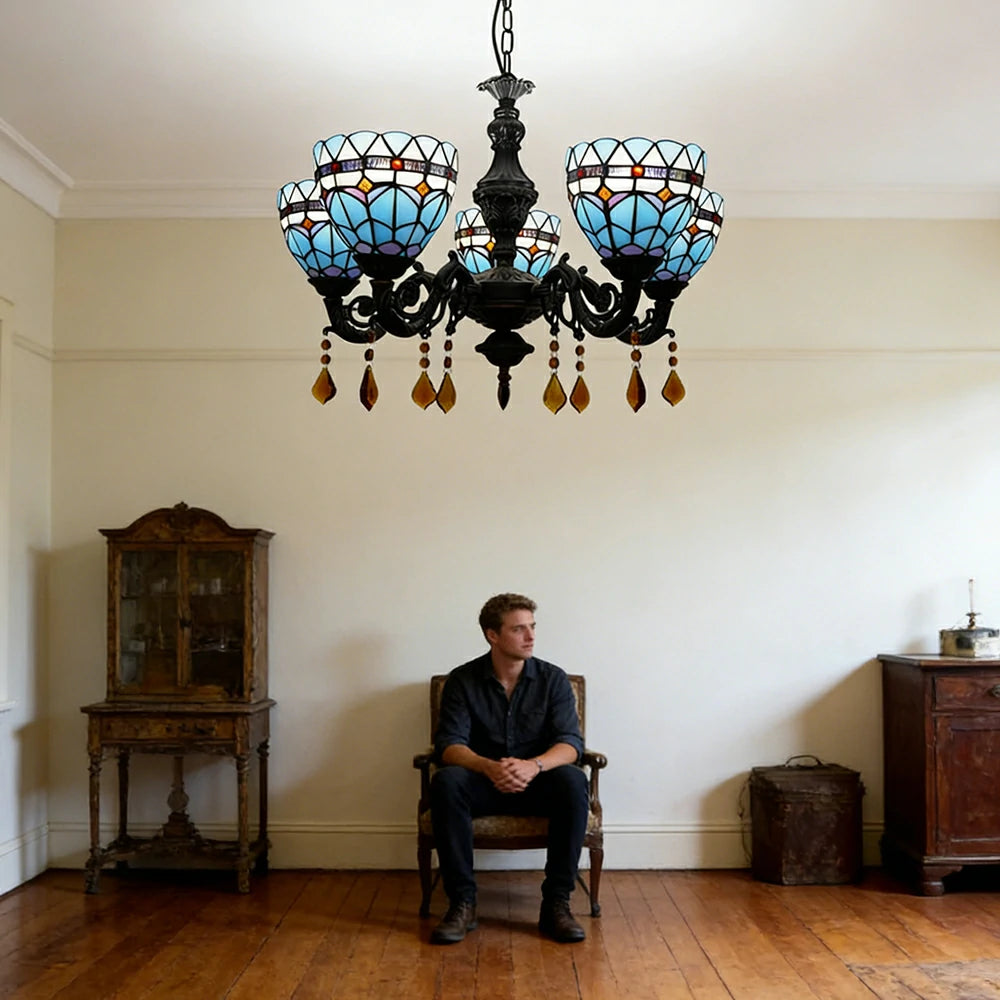 LIVARA 5-Light Stained Glass Chandelier Vintage Pendant Light Adjustable Chain 60x80cm for Dining Living Room - Sky Blue