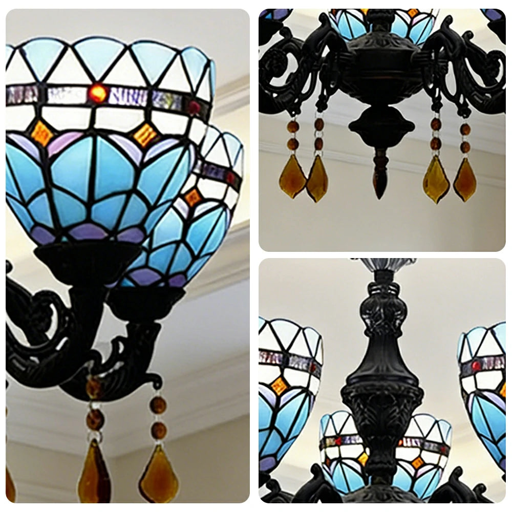 LIVARA 5-Light Stained Glass Chandelier Vintage Pendant Light Adjustable Chain 60x80cm for Dining Living Room - Sky Blue