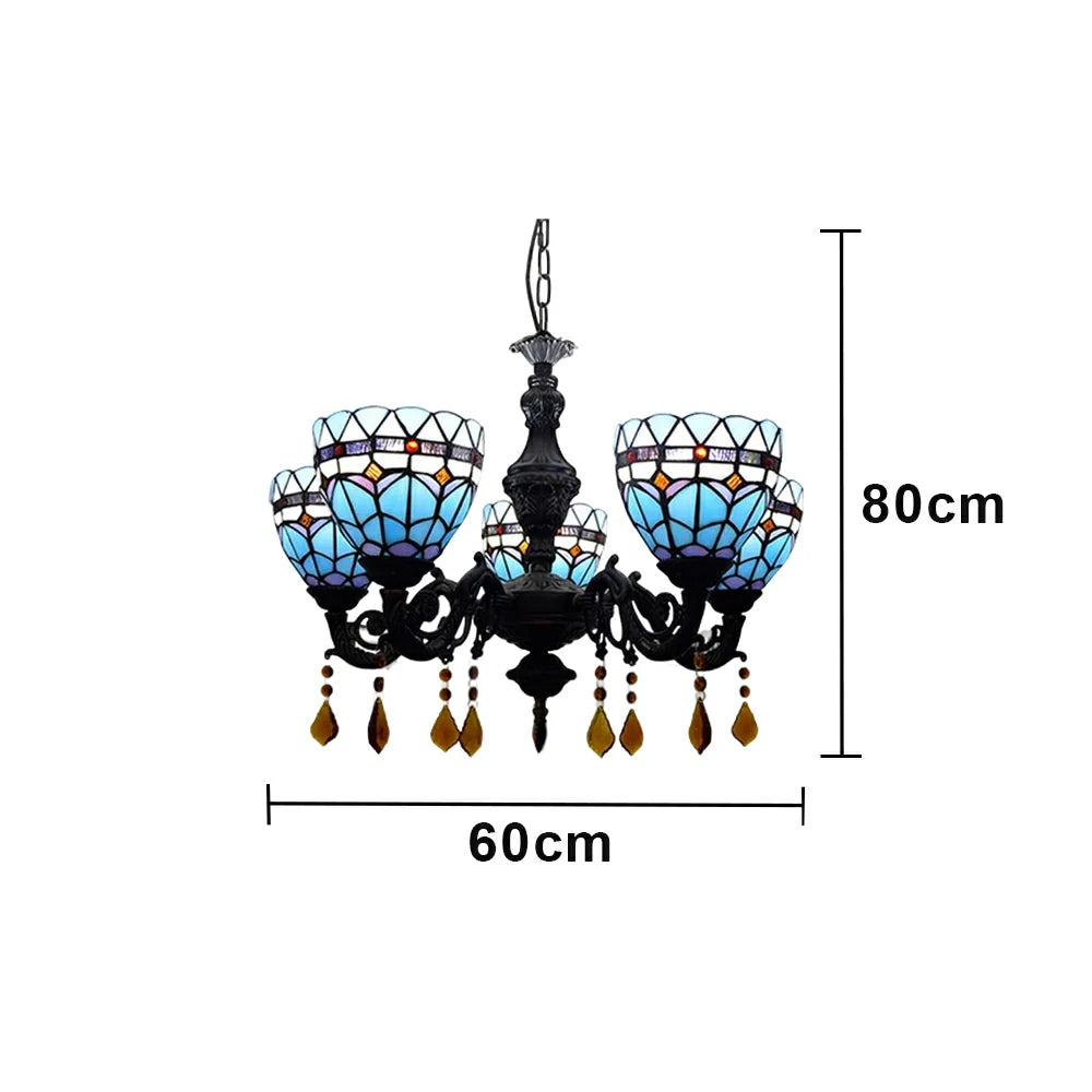 LIVARA 5-Light Stained Glass Chandelier Vintage Pendant Light Adjustable Chain 60x80cm for Dining Living Room - Sky Blue