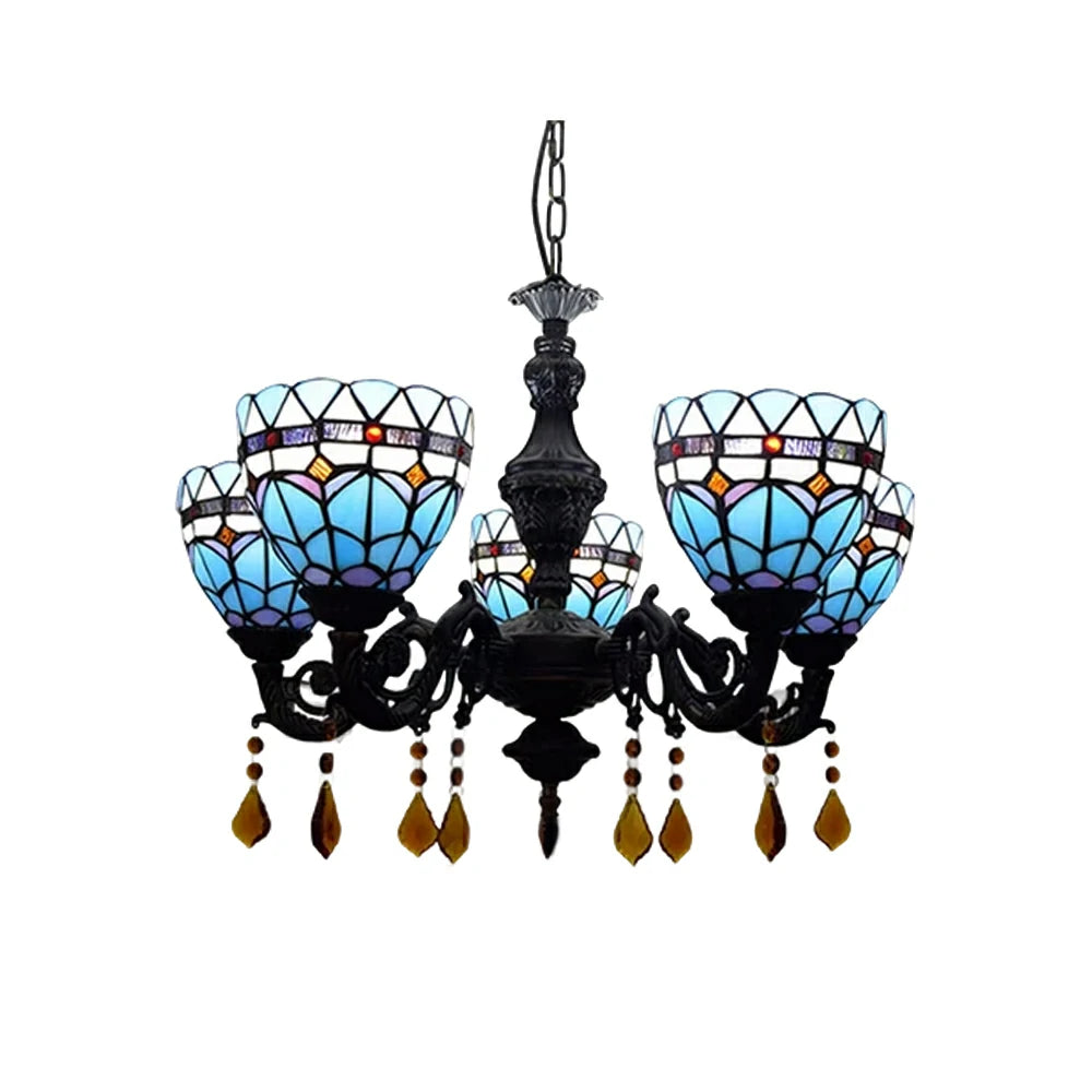 LIVARA 5-Light Stained Glass Chandelier Vintage Pendant Light Adjustable Chain 60x80cm for Dining Living Room - Sky Blue