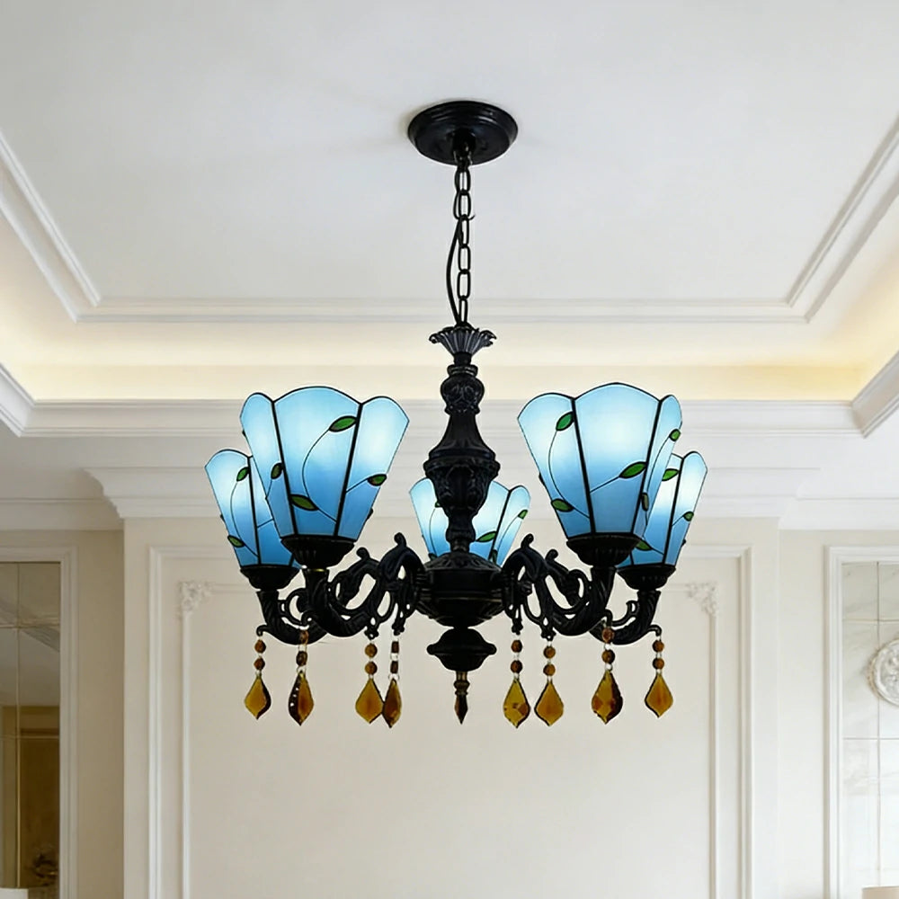 LIVARA 5-Light Stained Glass Chandelier Vintage Pendant Light Adjustable Chain 60x80cm for Dining Living Room - Peacock Blue