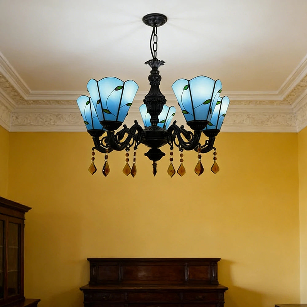 LIVARA 5-Light Stained Glass Chandelier Vintage Pendant Light Adjustable Chain 60x80cm for Dining Living Room - Peacock Blue