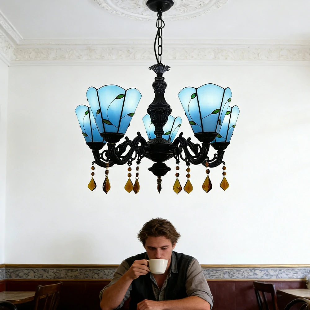 LIVARA 5-Light Stained Glass Chandelier Vintage Pendant Light Adjustable Chain 60x80cm for Dining Living Room - Peacock Blue