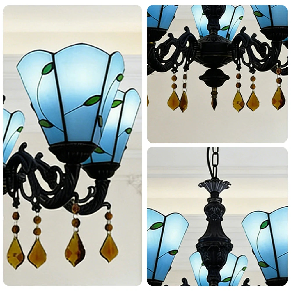 LIVARA 5-Light Stained Glass Chandelier Vintage Pendant Light Adjustable Chain 60x80cm for Dining Living Room - Peacock Blue