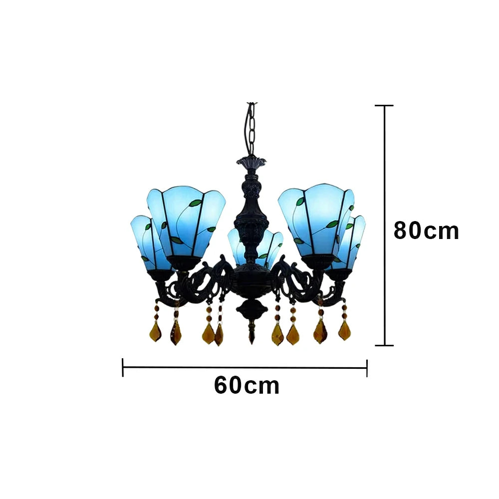 LIVARA 5-Light Stained Glass Chandelier Vintage Pendant Light Adjustable Chain 60x80cm for Dining Living Room - Peacock Blue