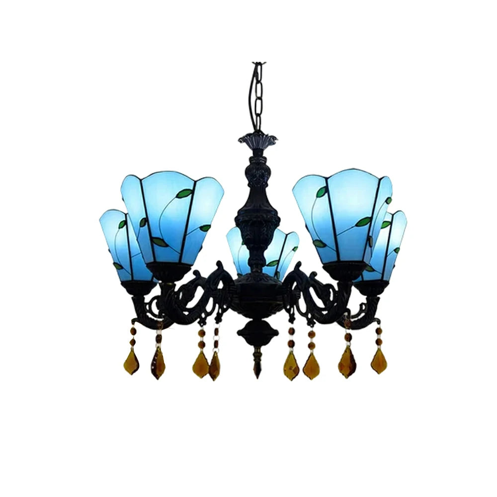 LIVARA 5-Light Stained Glass Chandelier Vintage Pendant Light Adjustable Chain 60x80cm for Dining Living Room - Peacock Blue