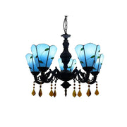 LIVARA 5-Light Stained Glass Chandelier Vintage Pendant Light Adjustable Chain 60x80cm for Dining Living Room - Peacock Blue