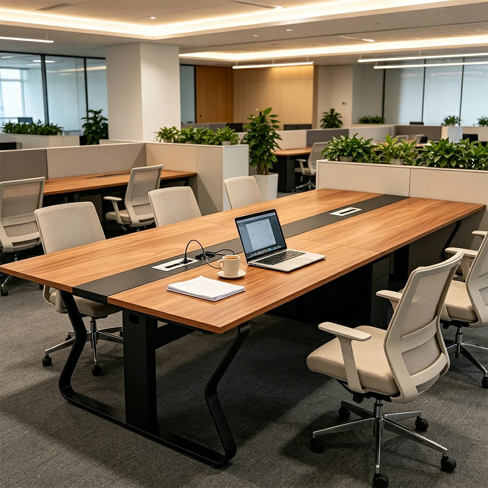 LIVARA 2.4m Conference Meeting Table Modern Executive Office Desk with Hidden Cable Management, Reinforced Steel Frame & E1 Eco Board - Wood Grain & Black Frame