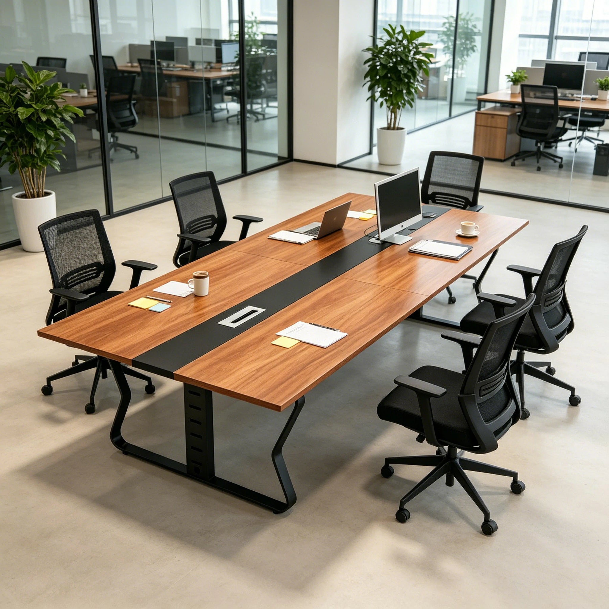 LIVARA 2.4m Conference Meeting Table Modern Executive Office Desk with Hidden Cable Management, Reinforced Steel Frame & E1 Eco Board - Wood Grain & Black Frame