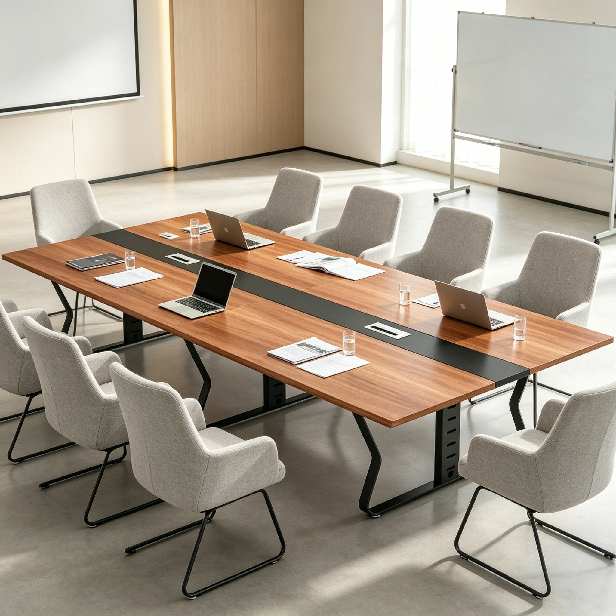 LIVARA 2.8m Conference Table Modern Office Desk with Hidden Cable Management Reinforced Steel Frame & E1 Eco Board - Wood Grain & Black Frame