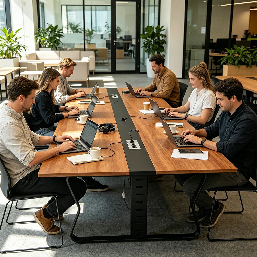 LIVARA 2.8m Conference Table Modern Office Desk with Hidden Cable Management Reinforced Steel Frame & E1 Eco Board - Wood Grain & Black Frame