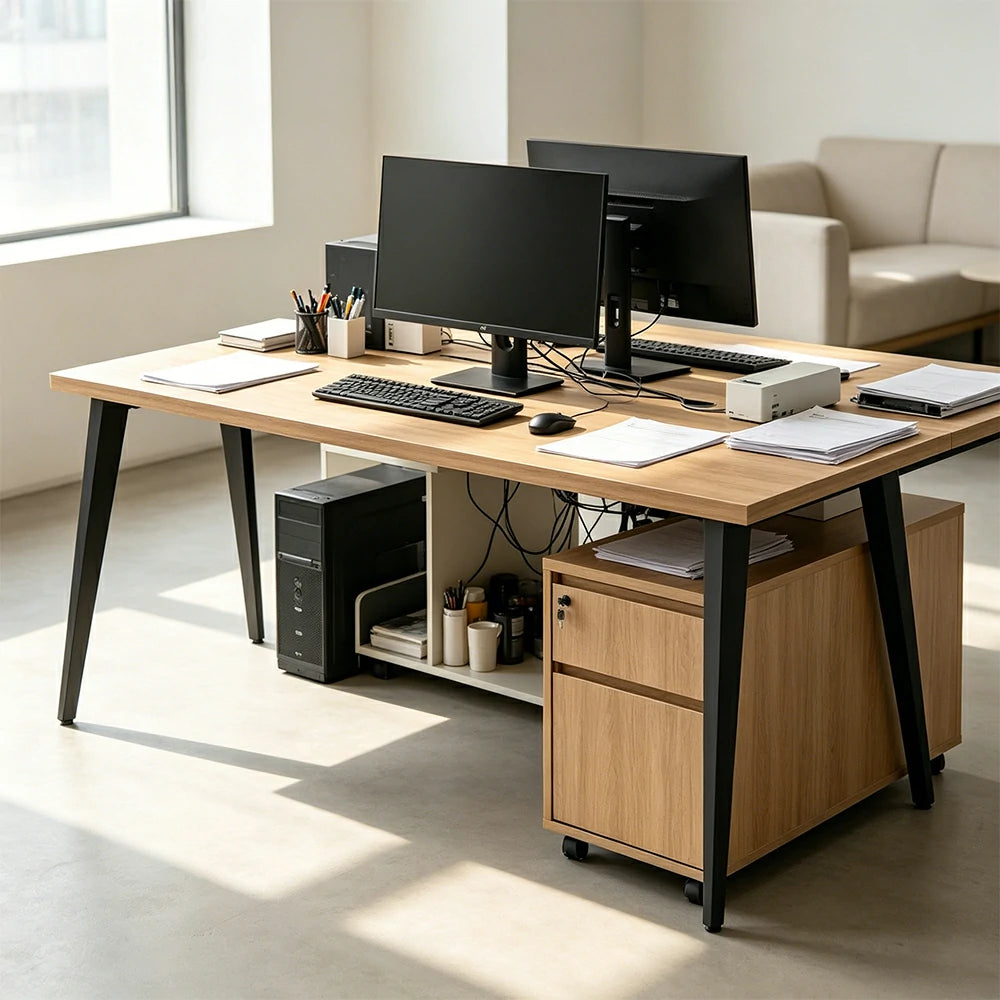 LIVARA Office Desk 120cm Single Workstation with Cable Management, E1 Board & Steel Frame - Wood Grain & Black