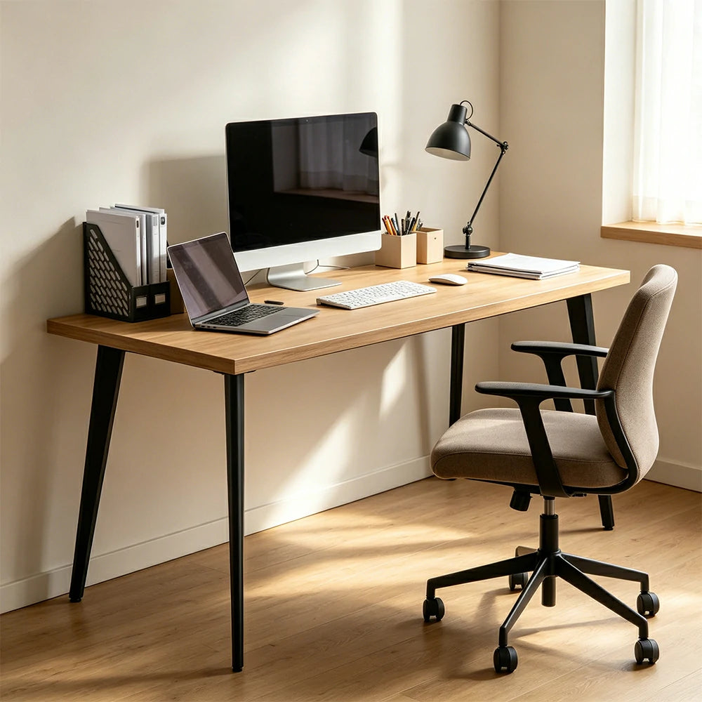 LIVARA Office Desk 120cm Single Workstation with Cable Management, E1 Board & Steel Frame - Wood Grain & Black