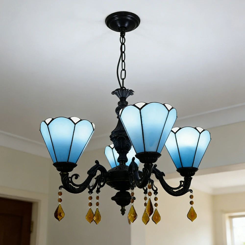 LIVARA 5-Light Stained Glass Chandelier Vintage Pendant Light Adjustable Chain 60x80cm for Dining Living Room - Royal Blue