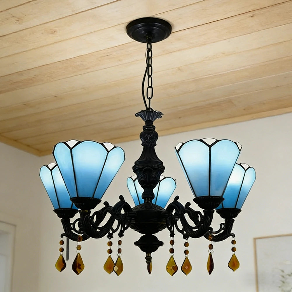 LIVARA 5-Light Stained Glass Chandelier Vintage Pendant Light Adjustable Chain 60x80cm for Dining Living Room - Royal Blue