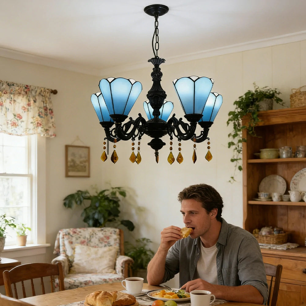 LIVARA 5-Light Stained Glass Chandelier Vintage Pendant Light Adjustable Chain 60x80cm for Dining Living Room - Royal Blue