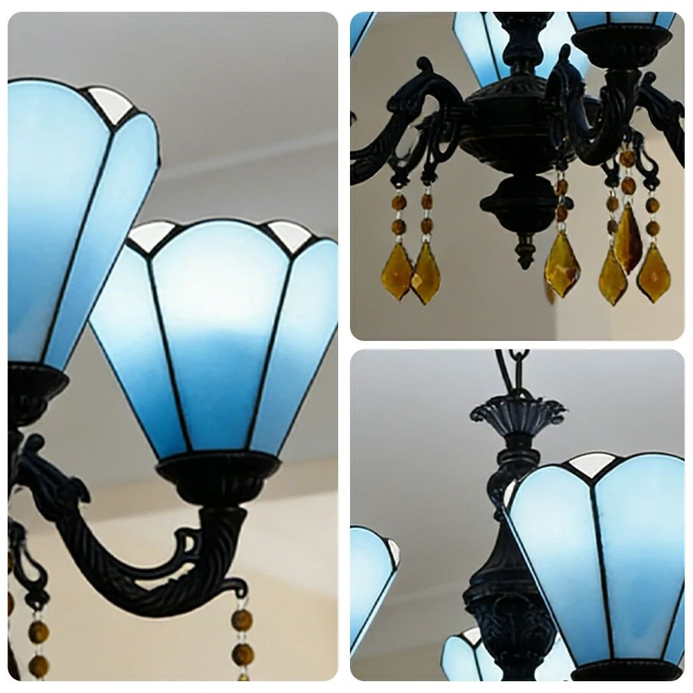 LIVARA 5-Light Stained Glass Chandelier Vintage Pendant Light Adjustable Chain 60x80cm for Dining Living Room - Royal Blue