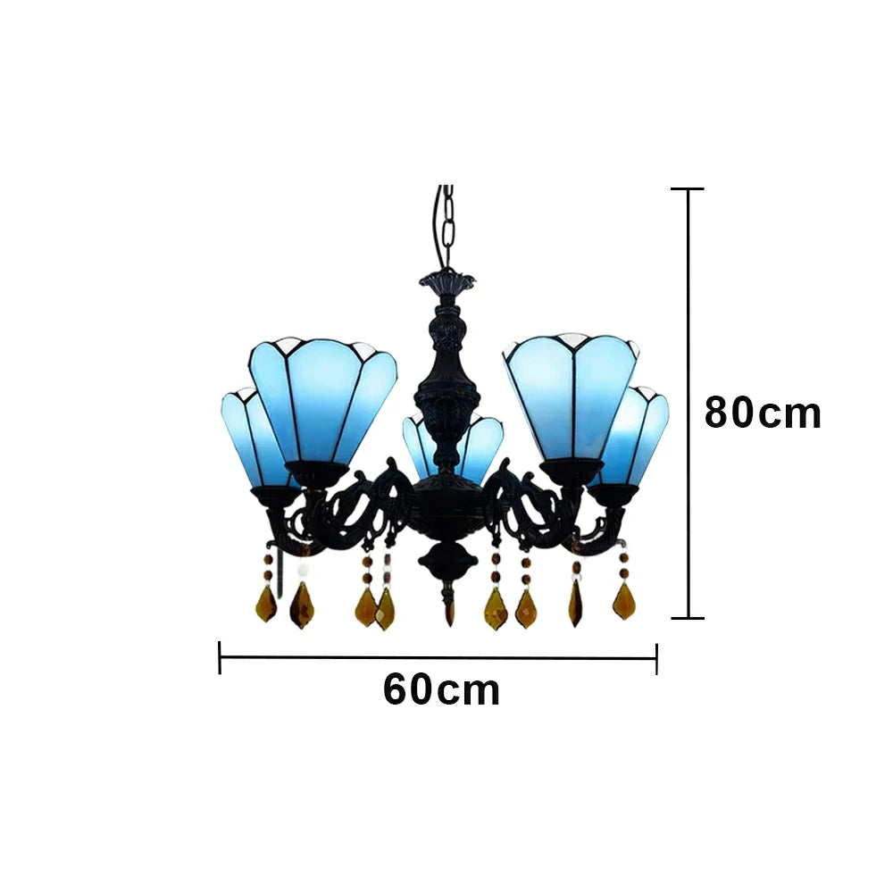 LIVARA 5-Light Stained Glass Chandelier Vintage Pendant Light Adjustable Chain 60x80cm for Dining Living Room - Royal Blue