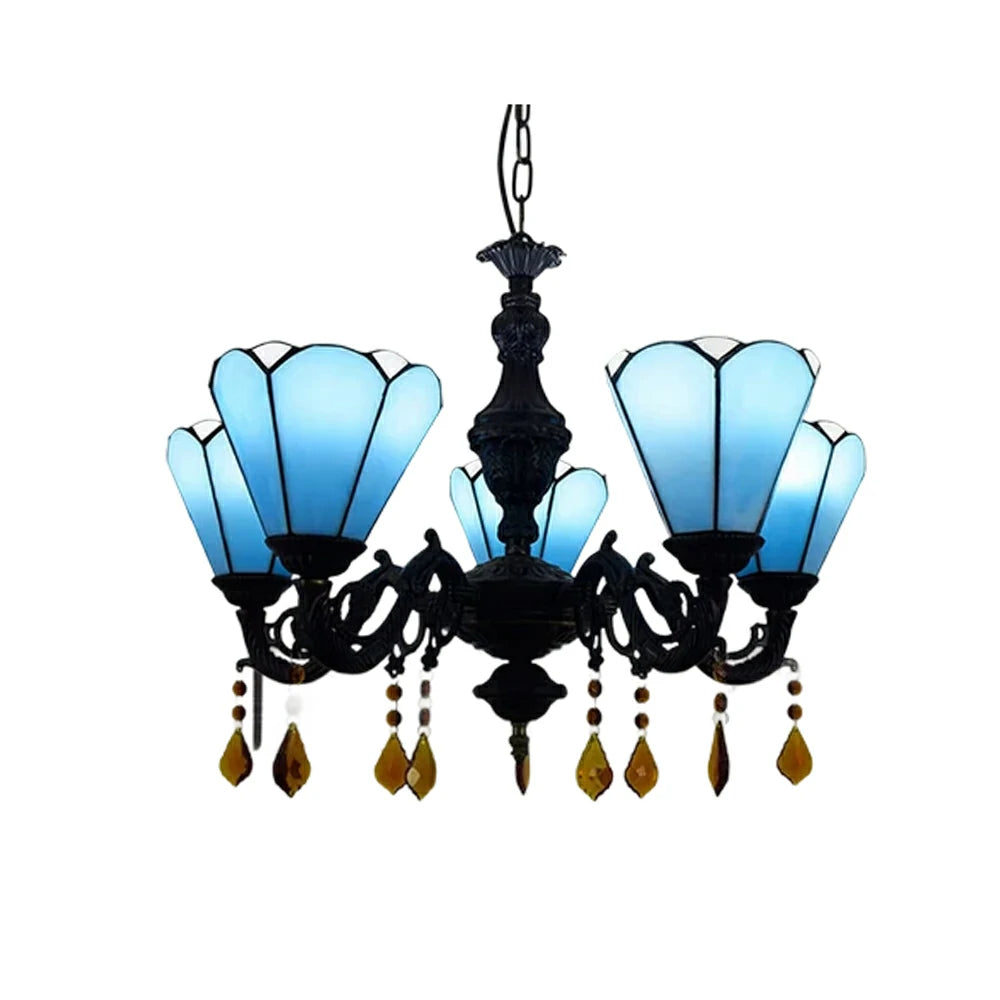 LIVARA 5-Light Stained Glass Chandelier Vintage Pendant Light Adjustable Chain 60x80cm for Dining Living Room - Royal Blue