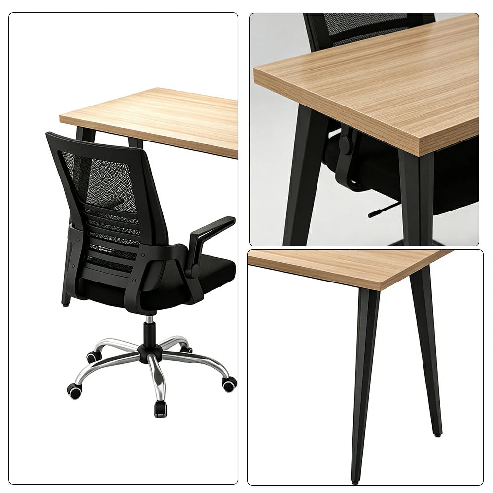 LIVARA Office Desk Set 120cm Single Workstation with Chair, Cable Management, E1 Board & Steel Frame - Wood Grain & Black
