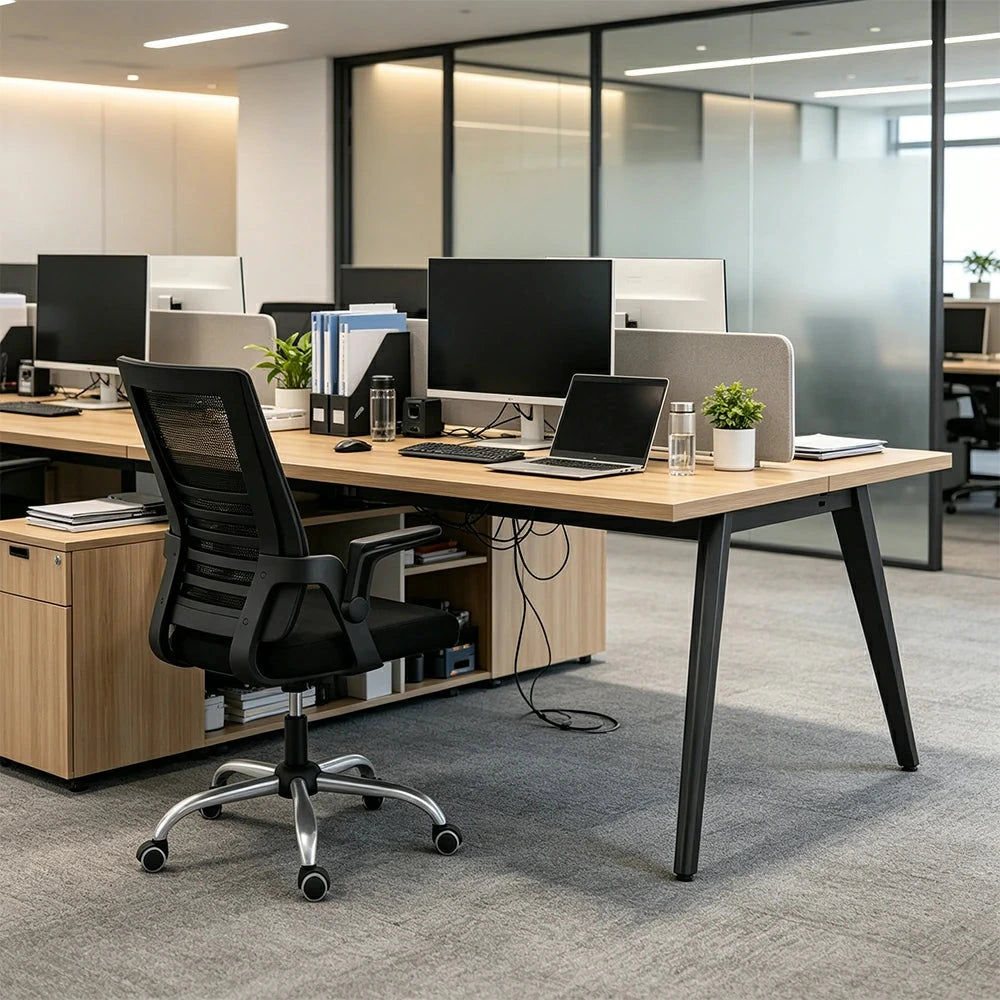 LIVARA Office Desk Set 120cm Single Workstation with Chair, Cable Management, E1 Board & Steel Frame - Wood Grain & Black