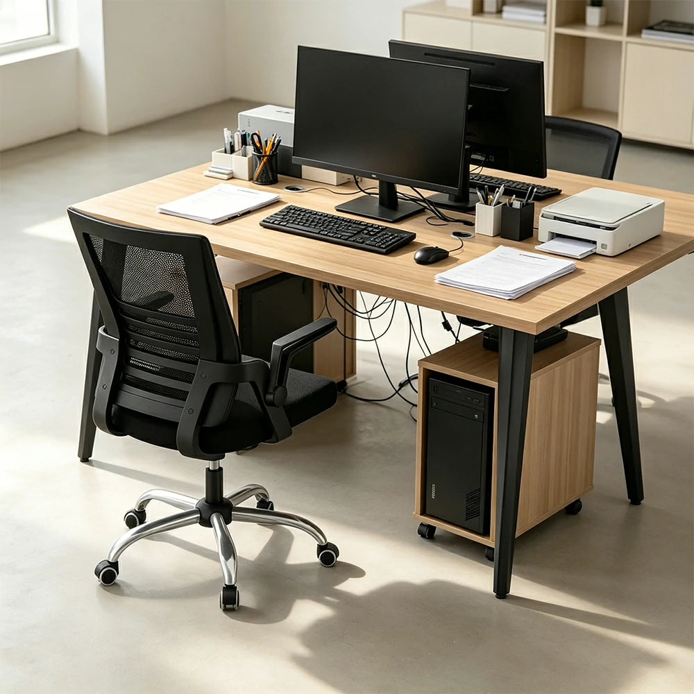 LIVARA Office Desk Set 120cm Single Workstation with Chair, Cable Management, E1 Board & Steel Frame - Wood Grain & Black
