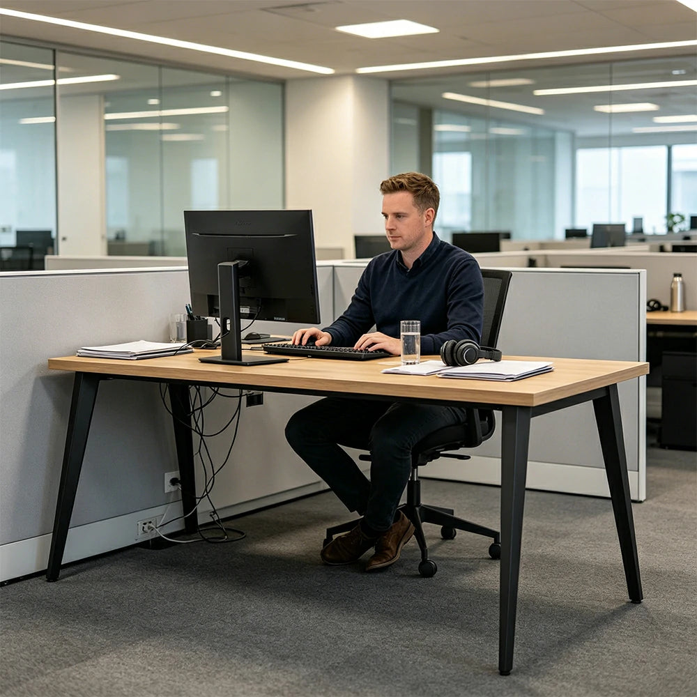 LIVARA Office Desk Set 120cm Single Workstation with Chair, Cable Management, E1 Board & Steel Frame - Wood Grain & Black