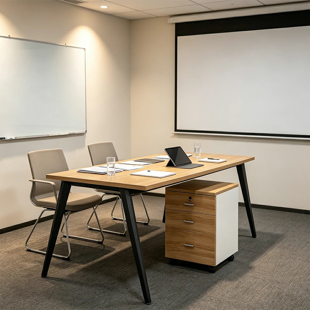 LIVARA Office Desk Set 120cm Single Workstation with Mobile Cabinet, Cable Management, E1 Board & Steel Frame - Wood Grain & Black