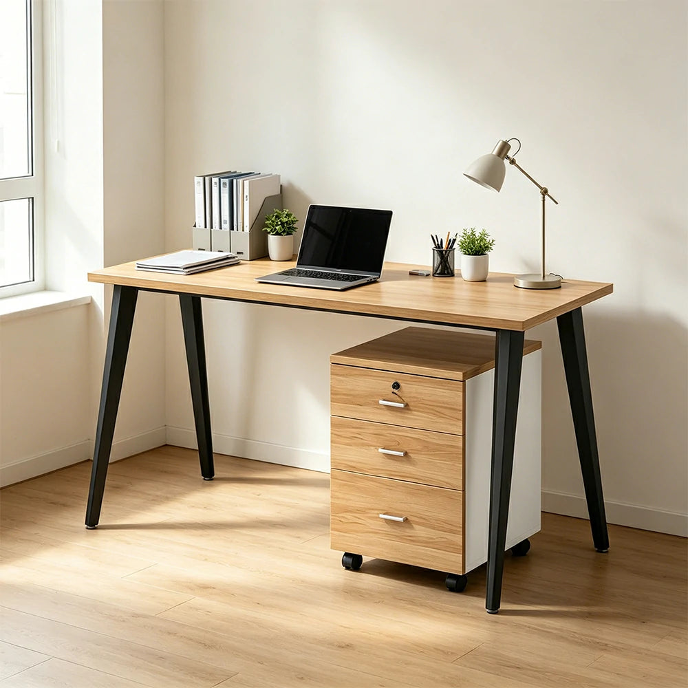 LIVARA Office Desk Set 120cm Single Workstation with Mobile Cabinet, Cable Management, E1 Board & Steel Frame - Wood Grain & Black