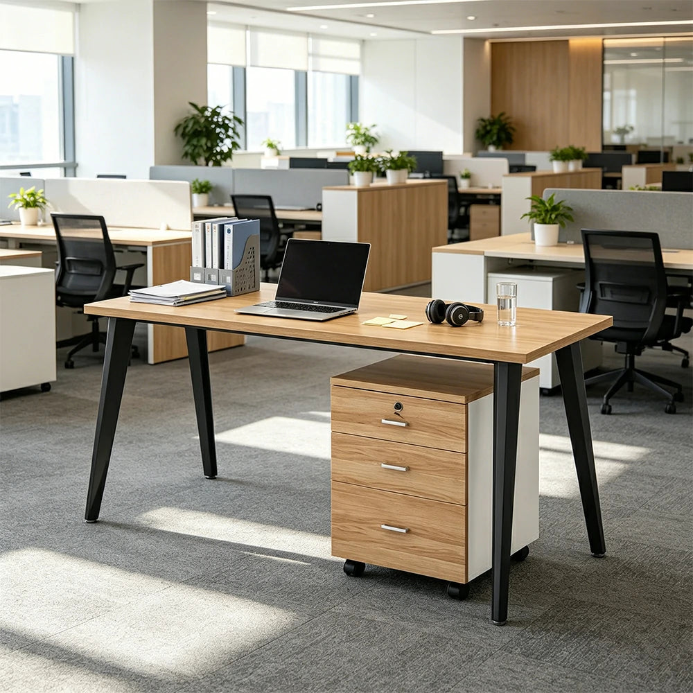 LIVARA Office Desk Set 120cm Single Workstation with Mobile Cabinet, Cable Management, E1 Board & Steel Frame - Wood Grain & Black