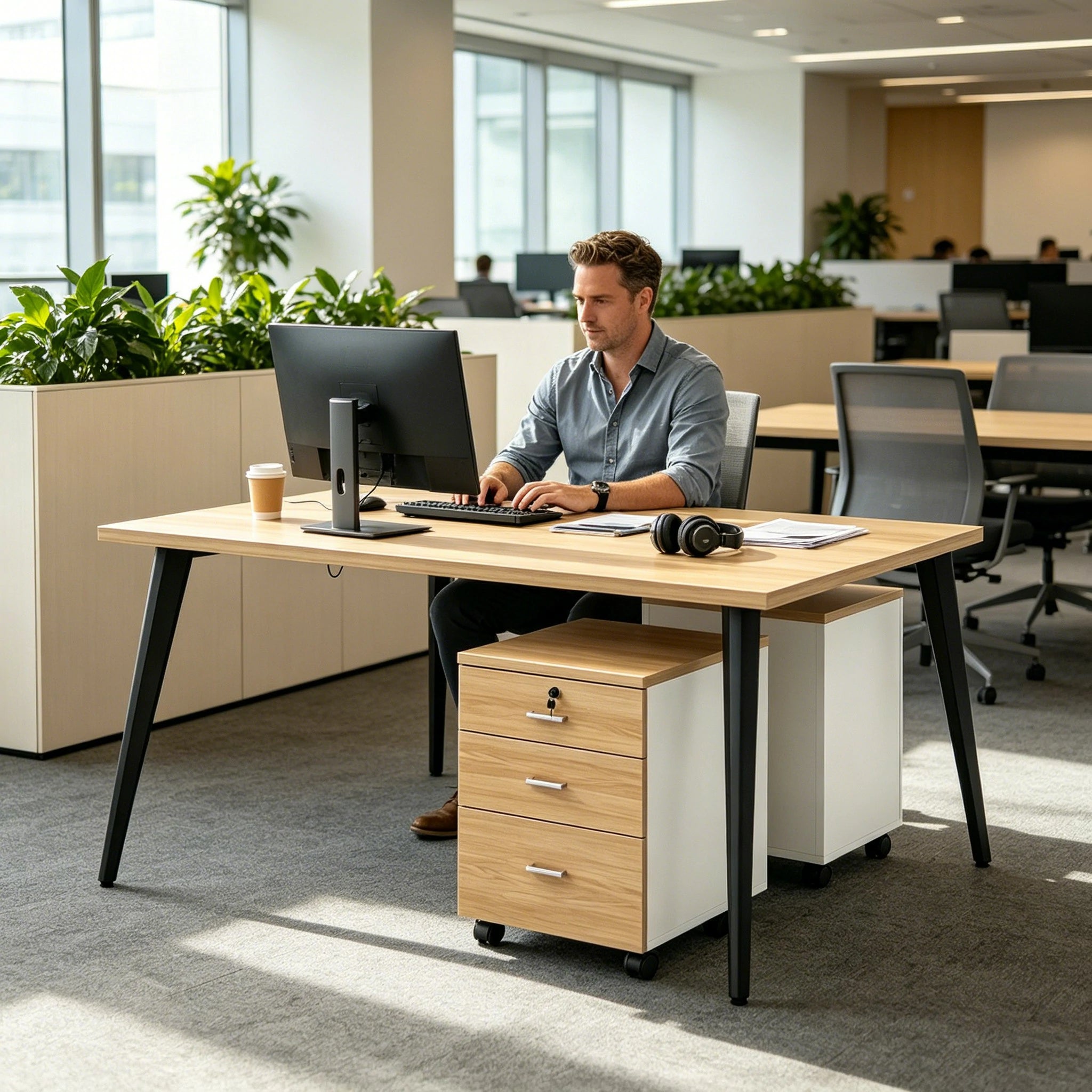 LIVARA Office Desk Set 120cm Single Workstation with Mobile Cabinet, Cable Management, E1 Board & Steel Frame - Wood Grain & Black