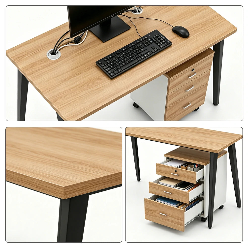 LIVARA Office Desk Set 120cm Single Workstation with Mobile Cabinet, Cable Management, E1 Board & Steel Frame - Wood Grain & Black