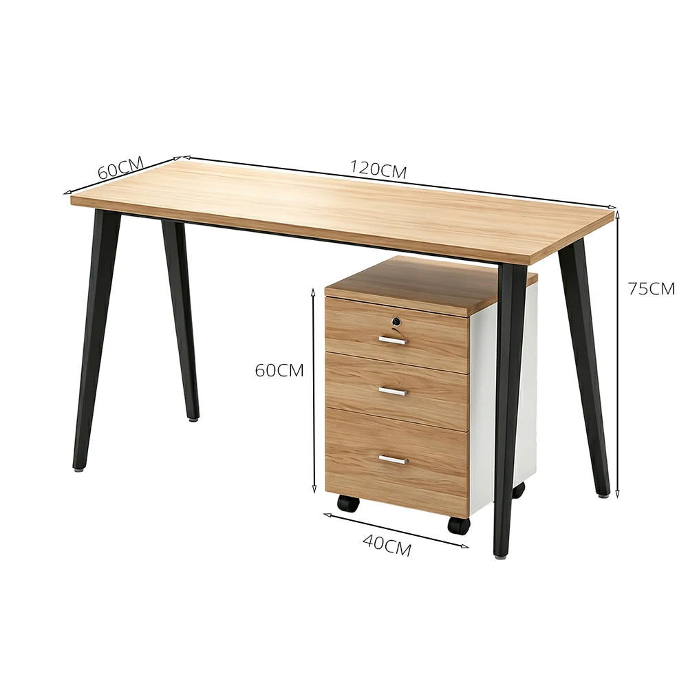 LIVARA Office Desk Set 120cm Single Workstation with Mobile Cabinet, Cable Management, E1 Board & Steel Frame - Wood Grain & Black