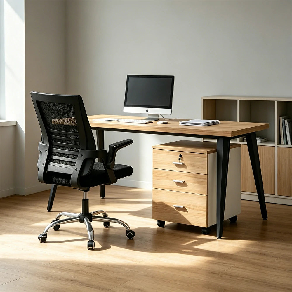 LIVARA Office Desk Set 120cm Single Workstation with Chair & Mobile Cabinet, E1 Board & Steel Frame - Wood Grain & Black