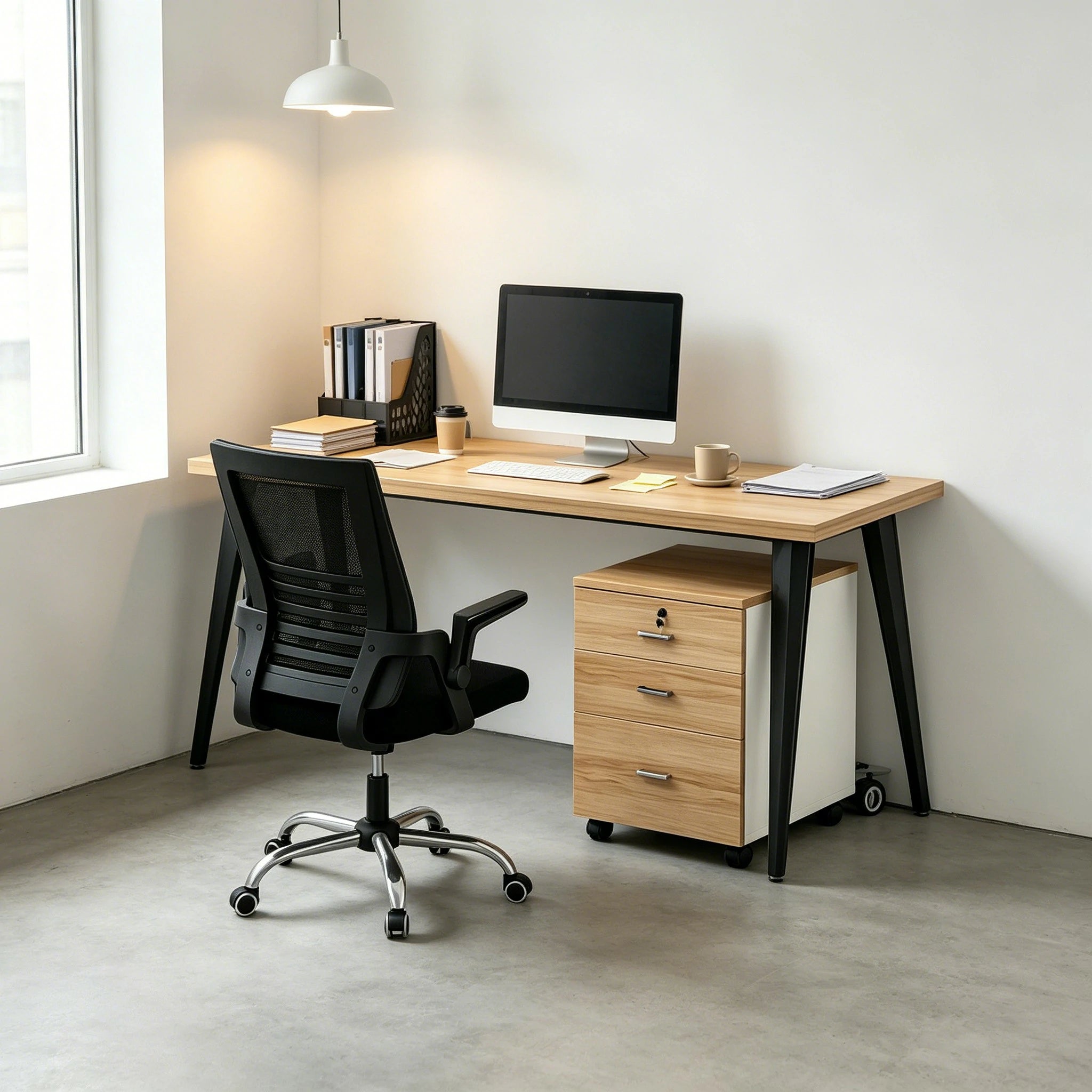 LIVARA Office Desk Set 120cm Single Workstation with Chair & Mobile Cabinet, E1 Board & Steel Frame - Wood Grain & Black