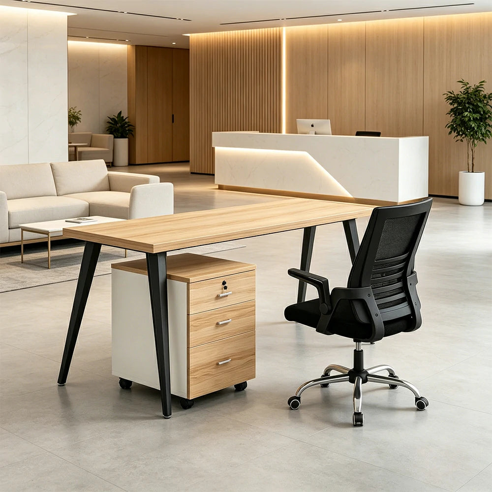 LIVARA Office Desk Set 120cm Single Workstation with Chair & Mobile Cabinet, E1 Board & Steel Frame - Wood Grain & Black