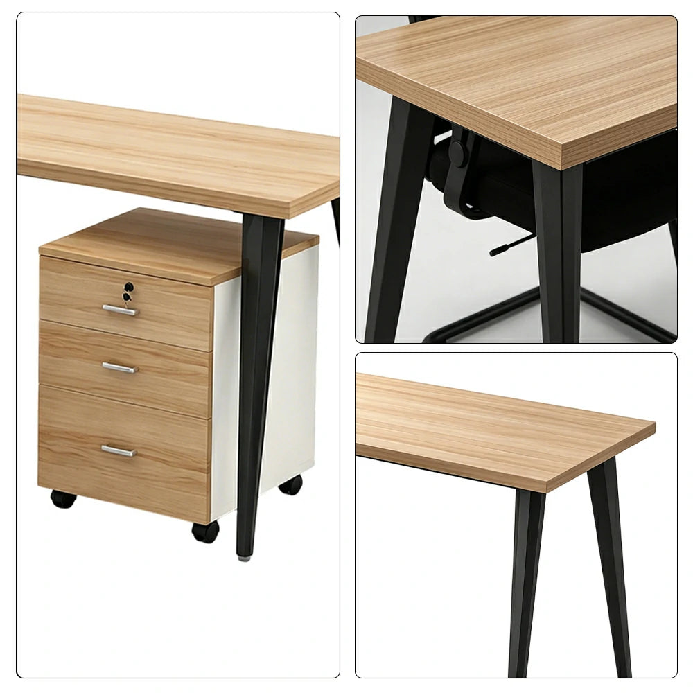 LIVARA Office Desk Set 120cm Single Workstation with Chair & Mobile Cabinet, E1 Board & Steel Frame - Wood Grain & Black