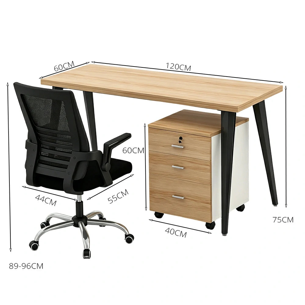 LIVARA Office Desk Set 120cm Single Workstation with Chair & Mobile Cabinet, E1 Board & Steel Frame - Wood Grain & Black